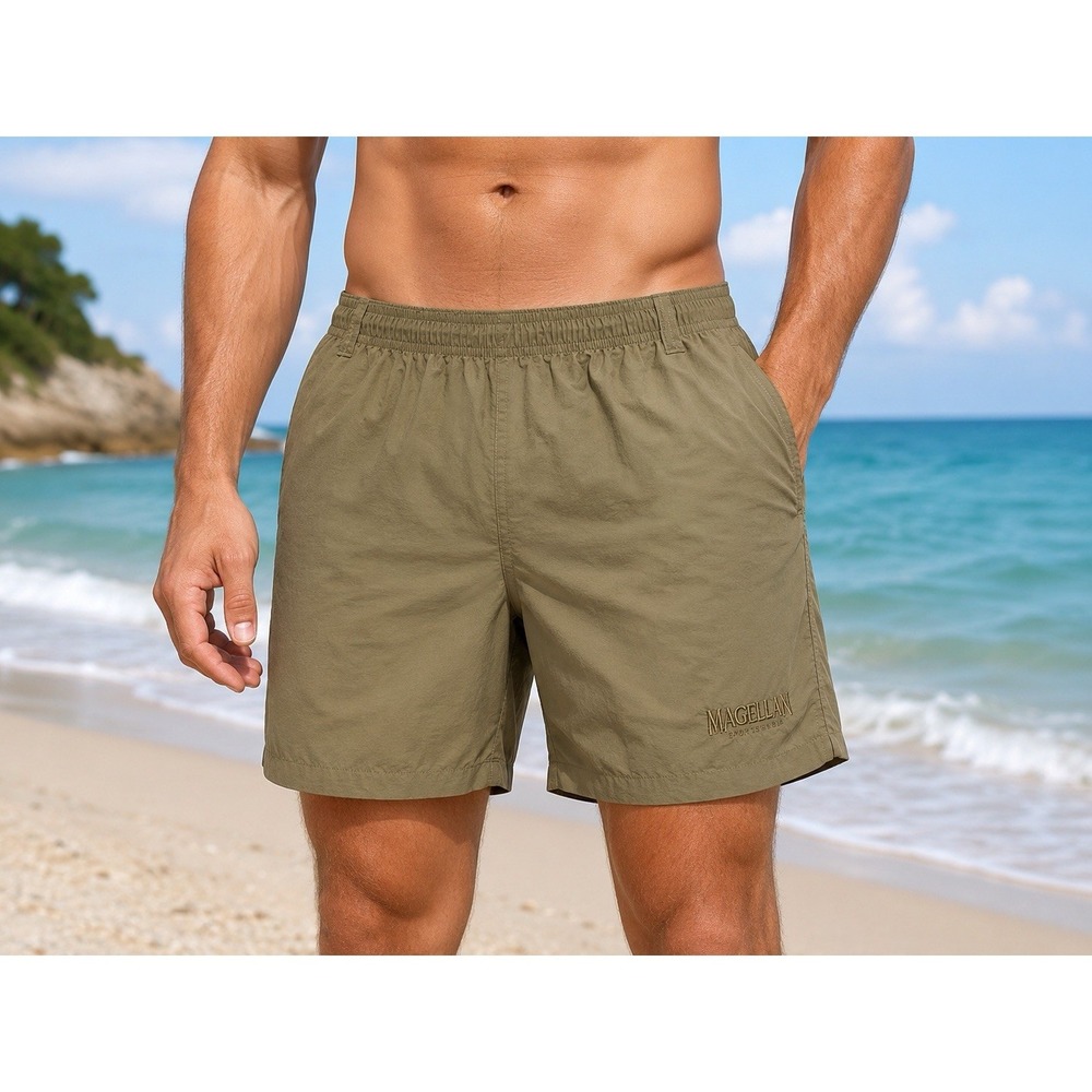 Magellan Sportswear Men's Swim Trunks Shorts Tan Khaki Mesh Lined Size L